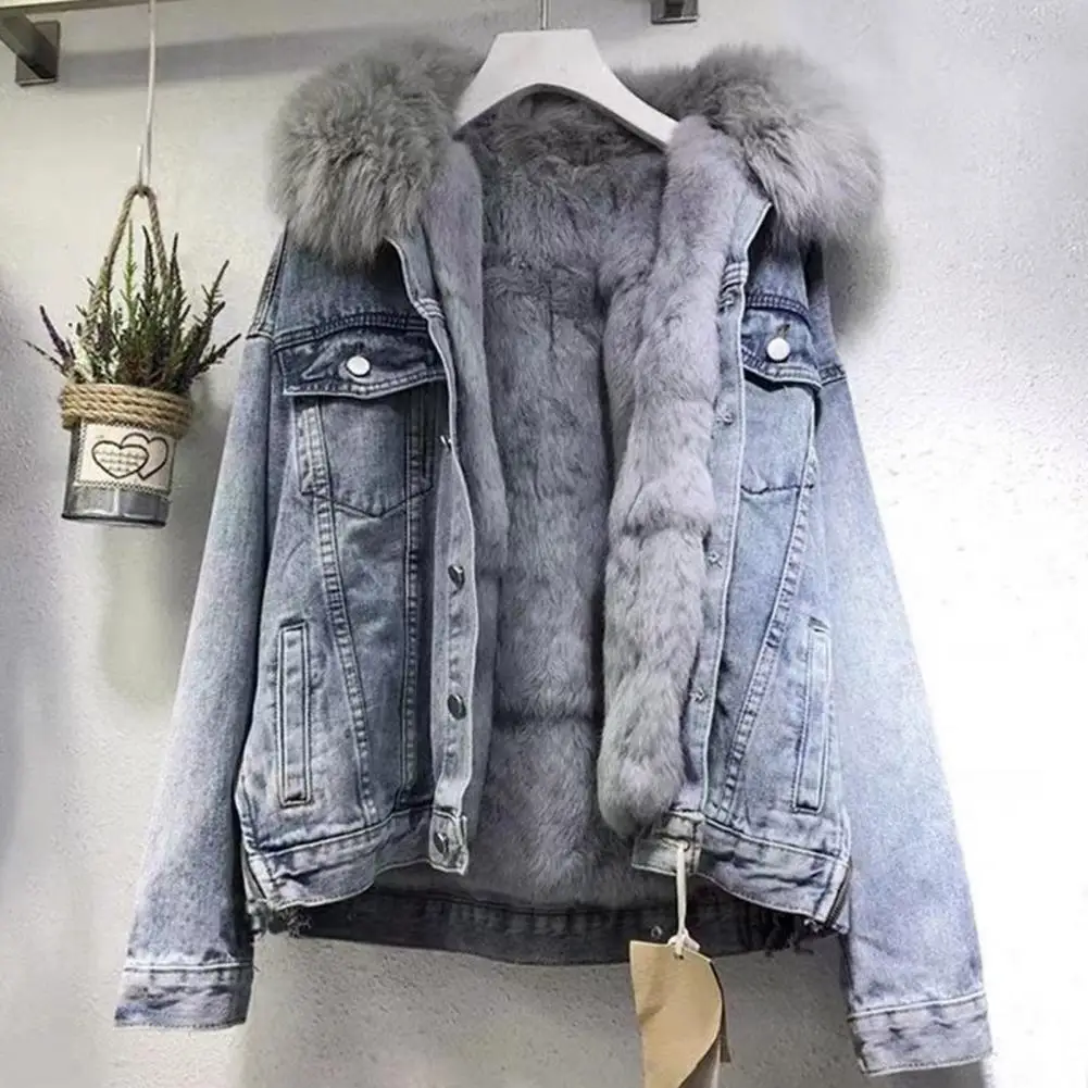 

Winter Women Denim Jacket with Furry Hood Plush Long Sleeves Button Closure Flap Pockets Coat Windproof Warm Denim Coat