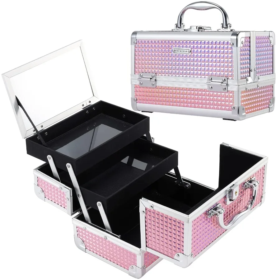 

Portable Cosmetic Travel Case with Mirror and Locking Mechanism: Compact Makeup Organizer for OntheGo Use Durable Hard Shell St