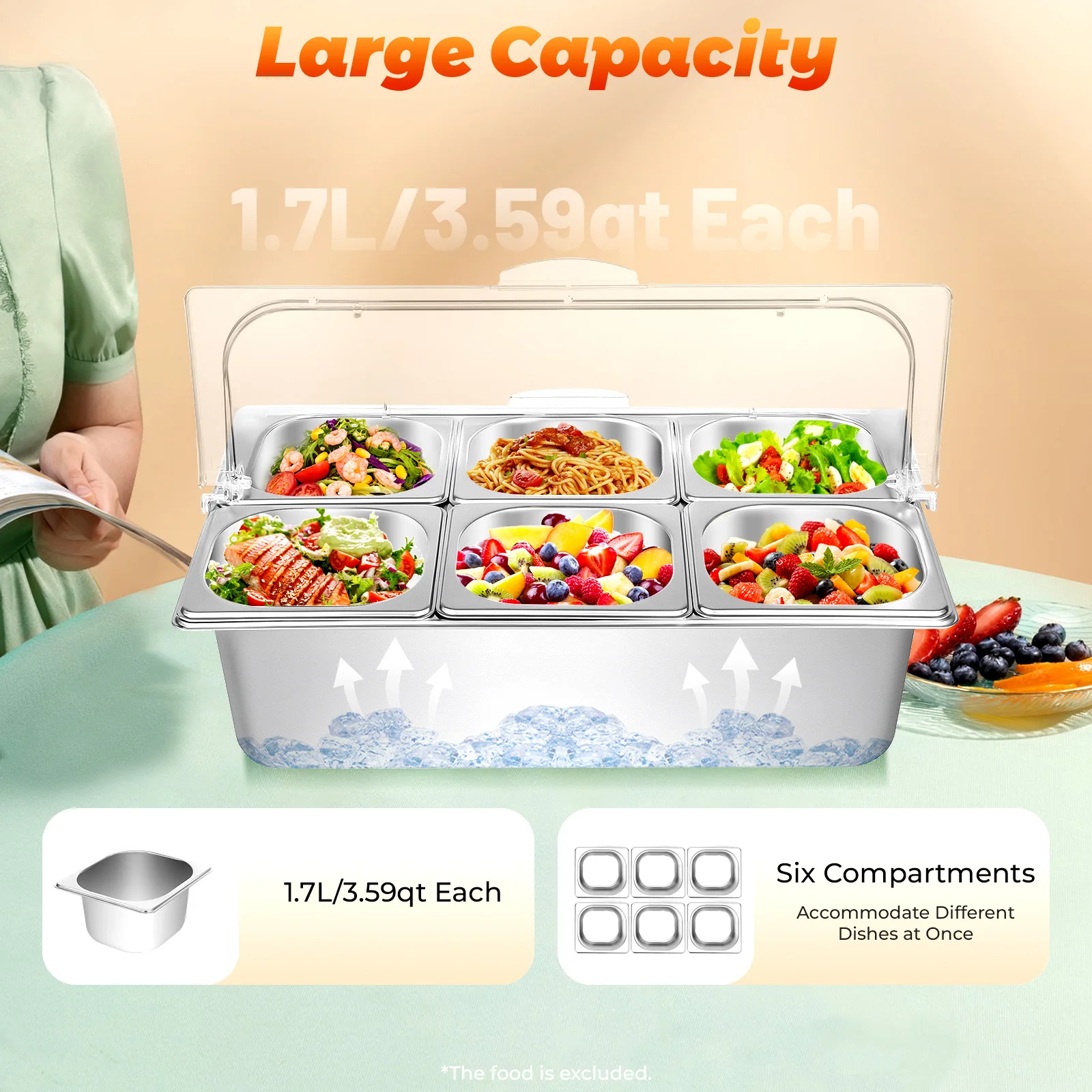 

BYMAOCAR 21*13*13inch Ice Food Serving Display Tray with Clear Roll Top Cover Buffet Cold Serving with 6 Pans