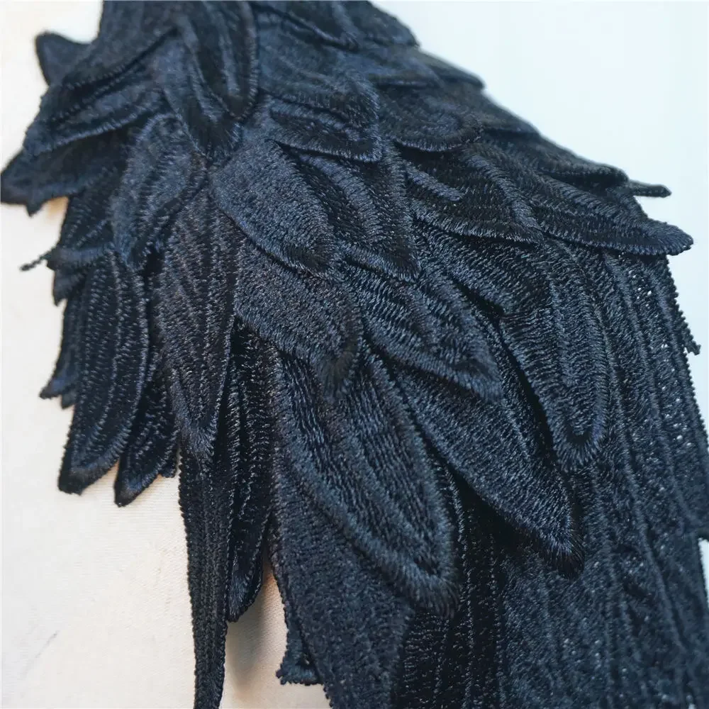 2PCS Black Feather Wings Fabric Embroidery Gown Appliques Collar Sew On Patches For Wedding Decoration Dress DIY