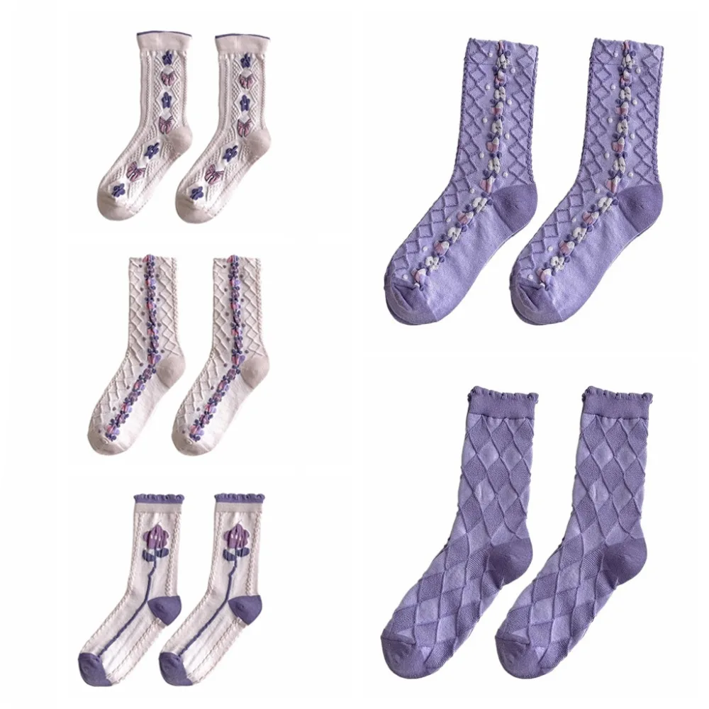 

5Pairs Fashion Purple Series Floral Tube Socks Flower Bowknot Girls Mid-calf Socks Hosiery Harajuku Sweet Sock Women Girl Teens