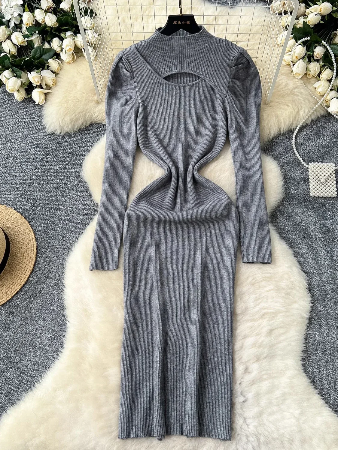 ผู้หญิงฤดูหนาวถักชุดยาว Vintage ครึ่งคอ Hollow Out แขนยาว Slim Vestidos หญิง Casual Robe ใหม่แฟชั่น