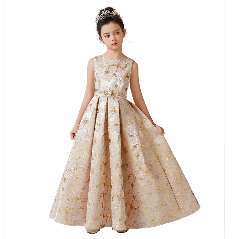 É yiiya personalizado vestidos da menina de flor dourado floral o-pescoço sem mangas a linha plissado zíper volta até o chão crianças vestido t152