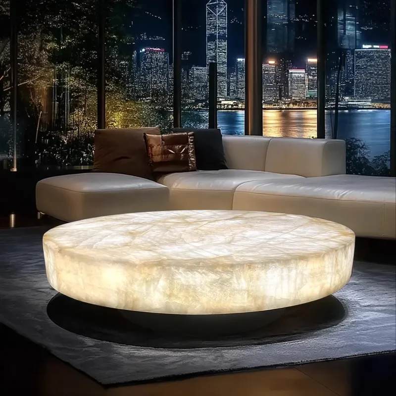 Round Luminous Coffee Table White Ice Jade Marble High End Italian Minimalist Living Room Villa Mansion Ice Cracked Stone
