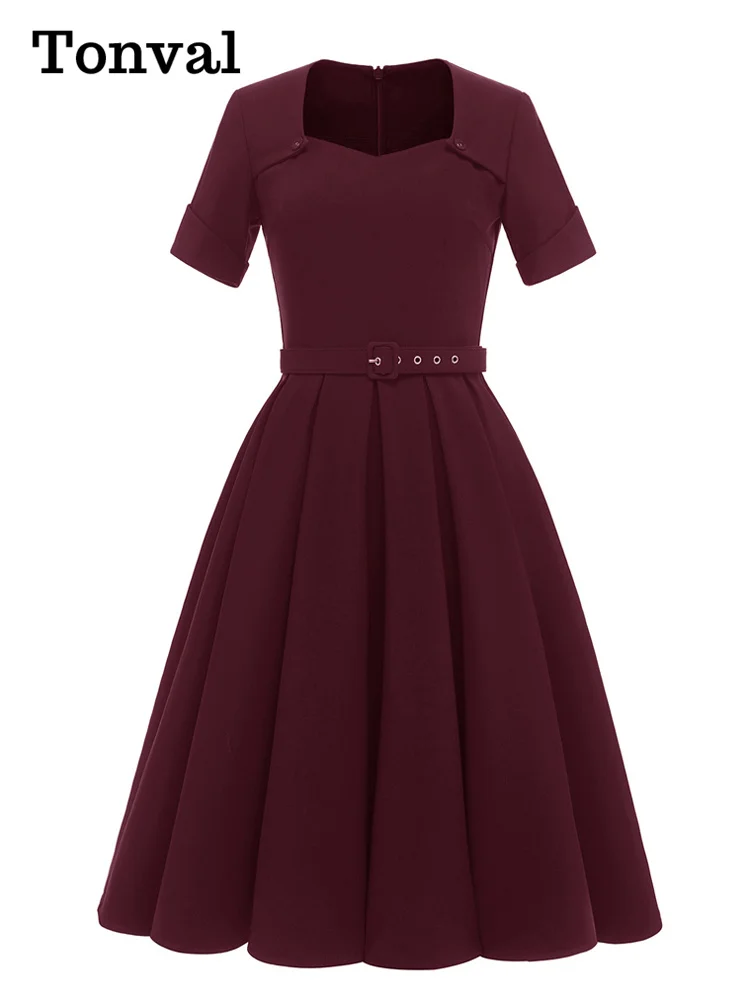 Tonval Square Neck Short Sleeve Solid Plain Vintage Pleated Dress Summer Elegant Women 2022 Belted Midi Length Retro Clothes