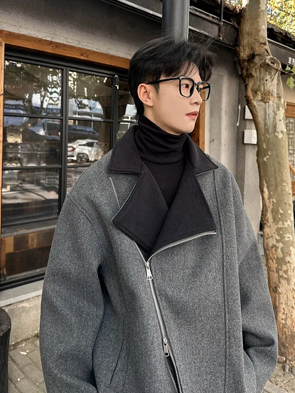 

TANGZ Studio Men's Woolen Jaet Autumn Winter Loose Fit Faionable Brand Zipper Coat High-End Feelings Casual Outerwear