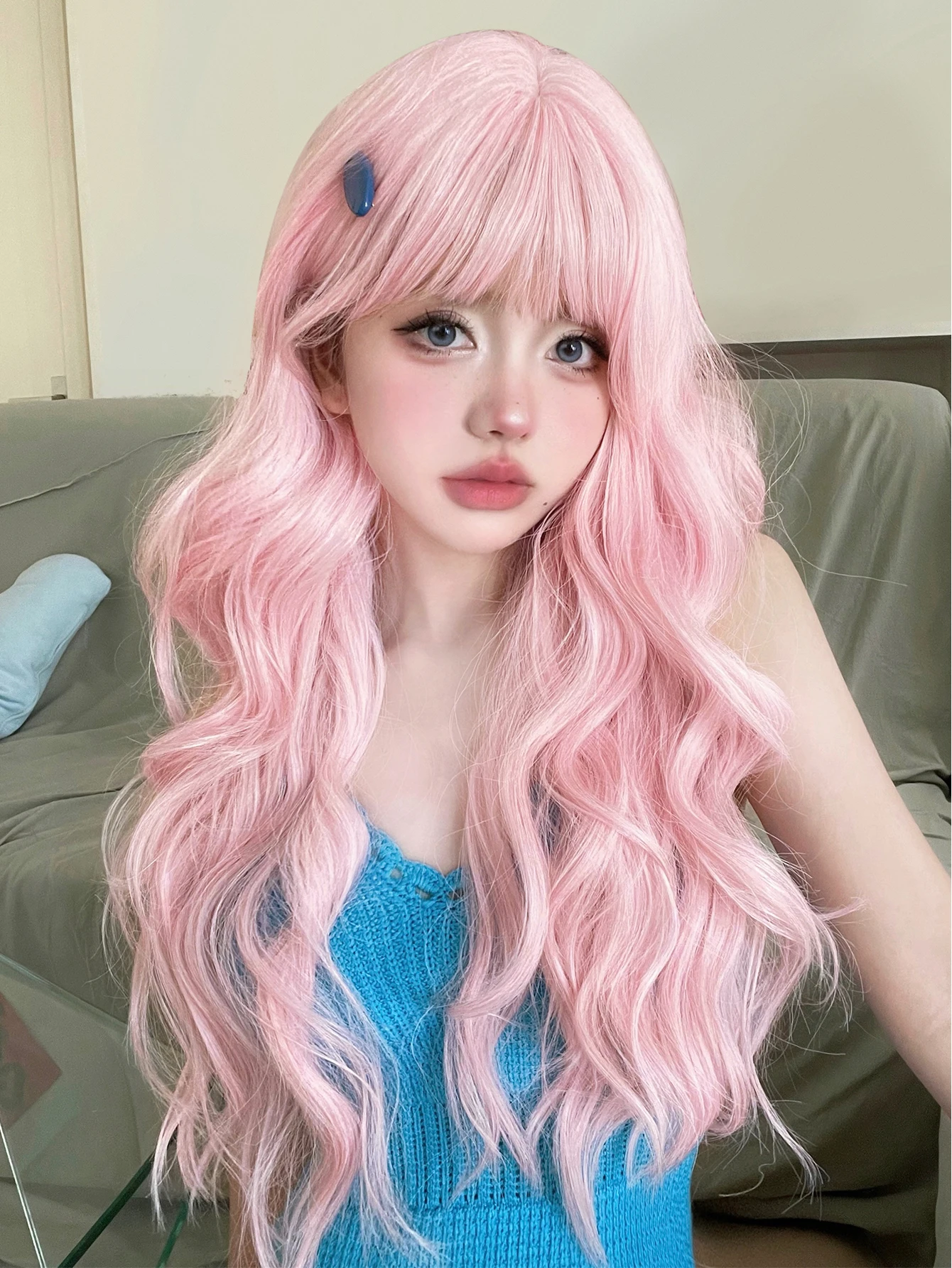 30Inch Perfect Pink Synthetic Wigs with Bangs Long Natural Wavy Hair Wig for Women Daily Use Cosplay Drag Queen Heat Resistant