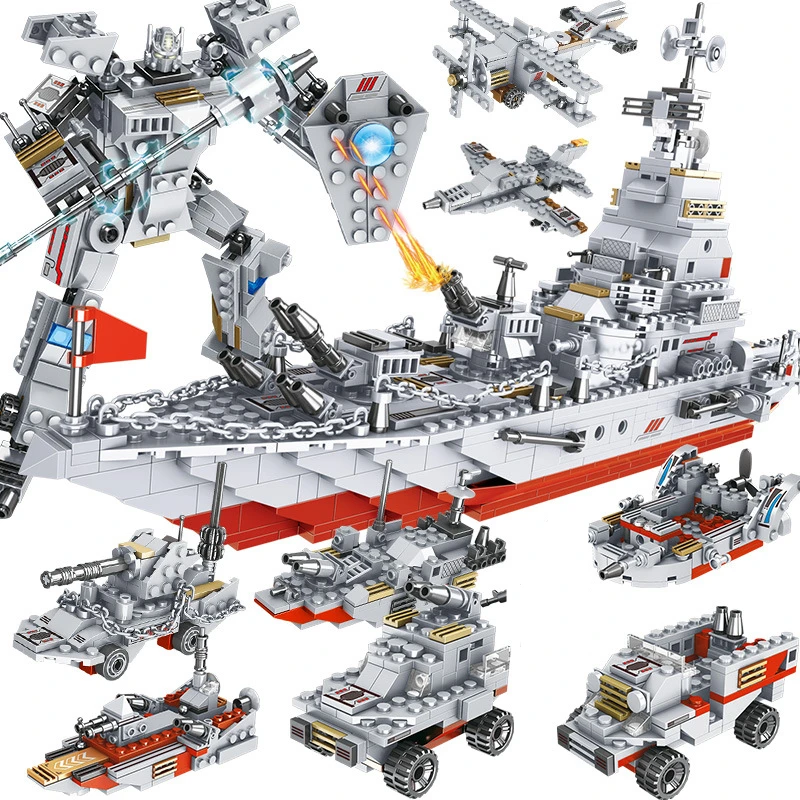 1000+PCS Military Series Warship Fighter Robot Building Blocks Boat Airplane Car Set Toys For Children Gifts