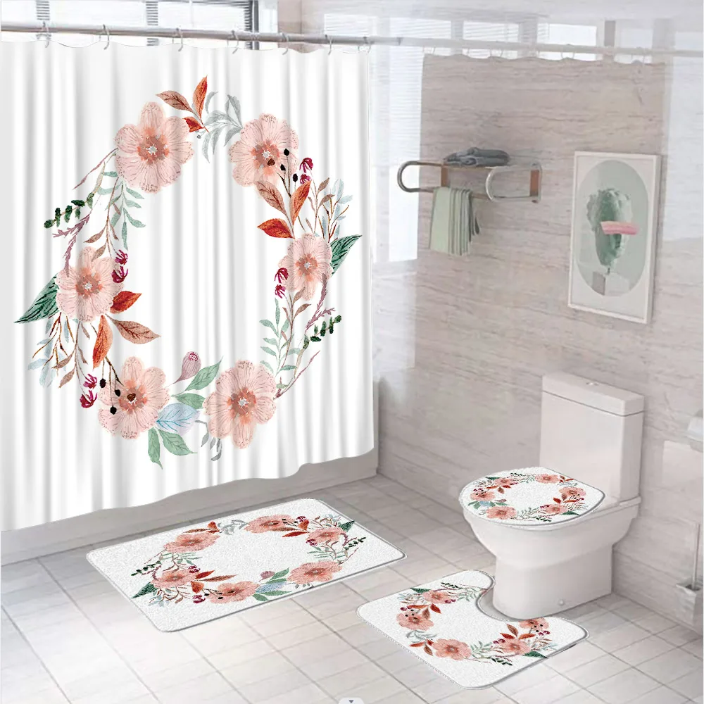 Pink Flower Rose Shower Curtains Set Anti-slip Rug Toilet Lid Cover Bath Mat Spring Floral Plant Leaves Country Bathroom Curtain