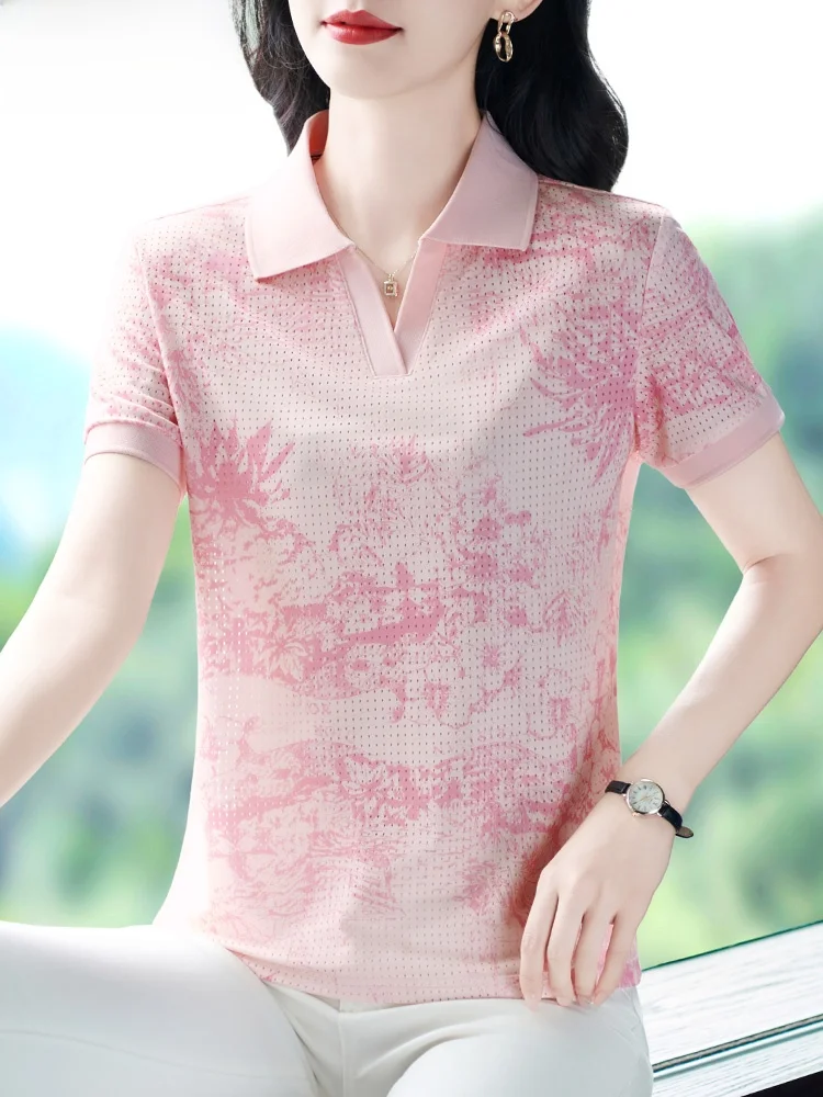 

Летняя футболка из ледяного шелка для женщин среднего возраста, повседневная, с принтом, свободного кроя, в корейском стиле