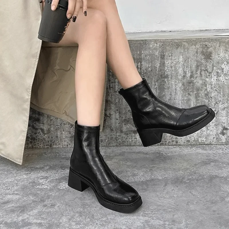 Women\'s Retro Short Boots High Heels Autumn/winter Leather Vintage Slim Ankle Boots Thick Sole  Petite