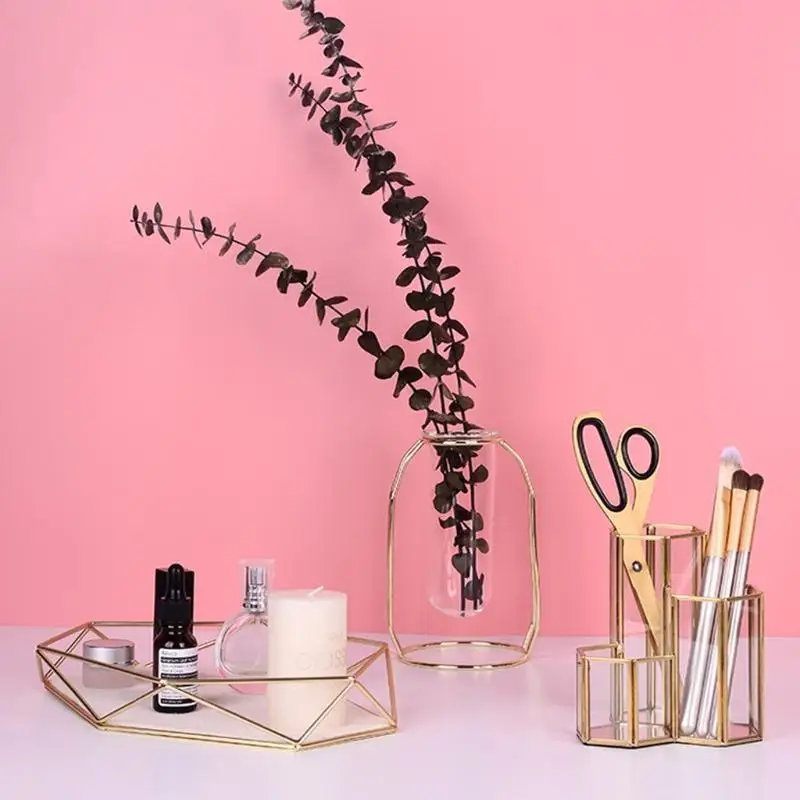 E8BD Glass Gold Pen Holder Hexagon Shaped for Desk Pens Rulers Makeup Brush Storage Combination for Case Container