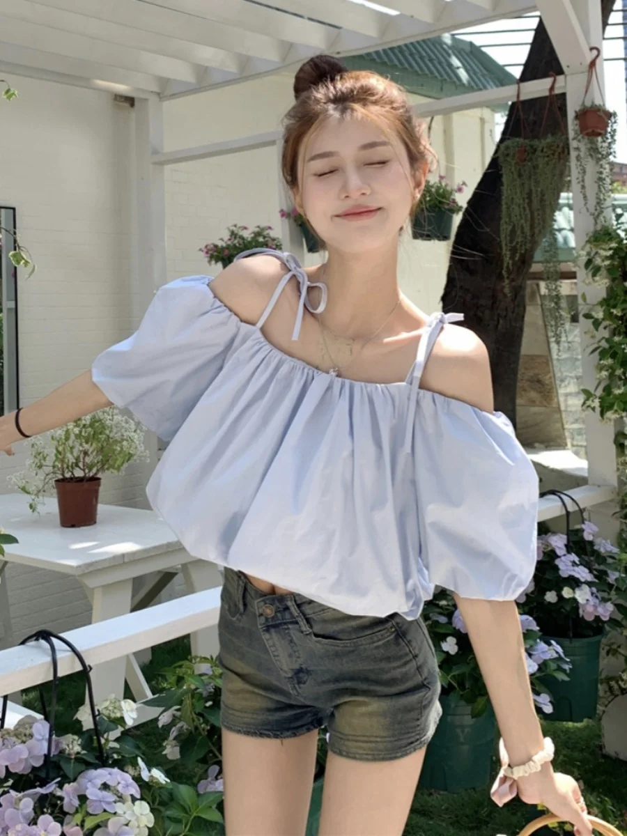 Top Estivo da Donna in Poliestere con Spalle Scoperte, Maniche a Palloncino e Design Casual