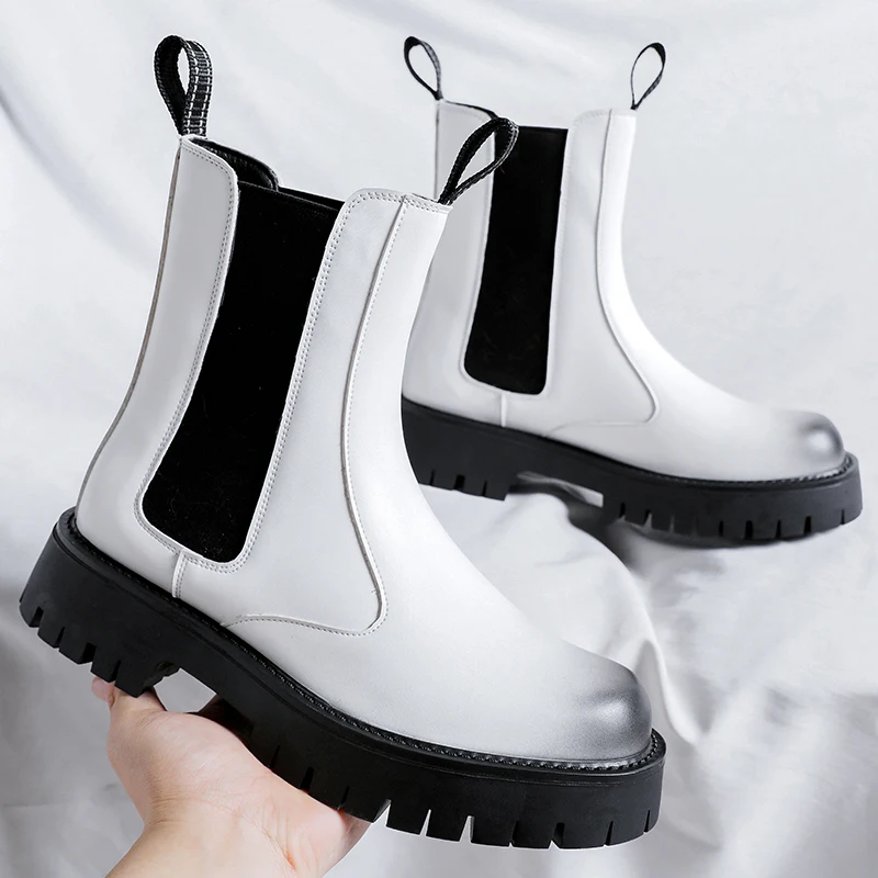 

men's casual stage nightclub high chelsea boots slip-on black white shoes cowboy natural leather boot cool long platform botas