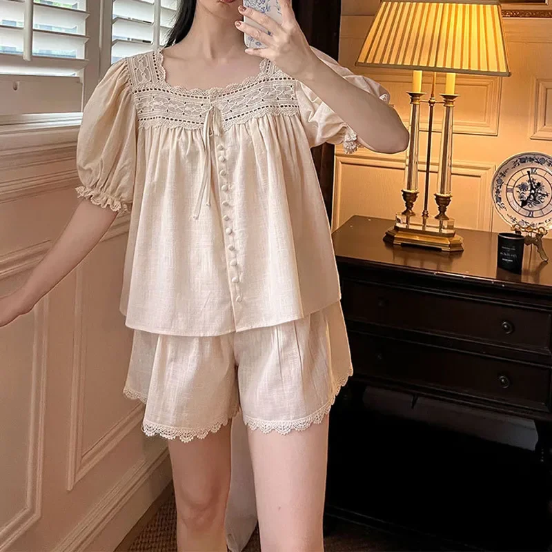 Princess Vintage Short Sleeves Cotton Pajama Sets Sweet Lace Square Collar Two-Pieces Sleepwear Summer Breathable Loose Pyjamas