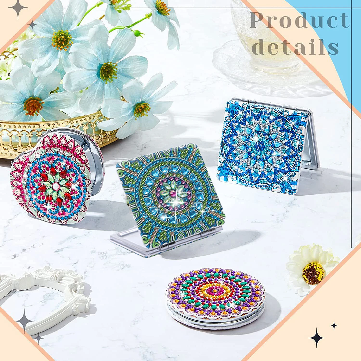 Mandala Special Shape Diamond Art Compact Mirror Portable Folding Diamond Painting Mirror Kit for Adults 1pc/Set