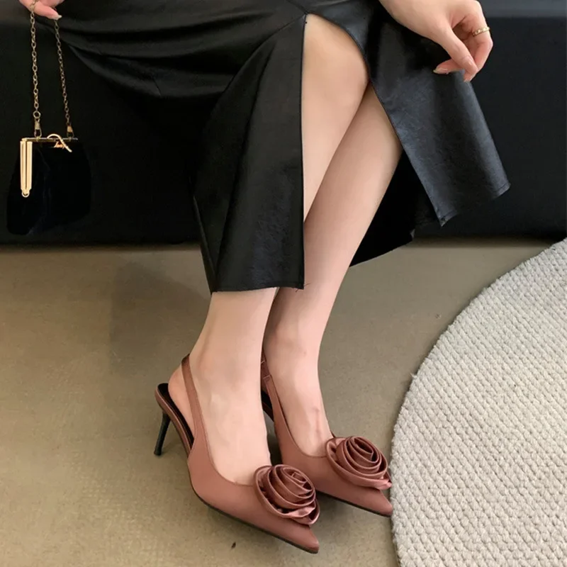 حار بيع 2025 جديد مثير الحرير Slingback أشار تو النساء مضخات تصميم الأزياء الزهور رقيقة الكعوب مأدبة حفلة موسيقية الأحذية 35-40 #2