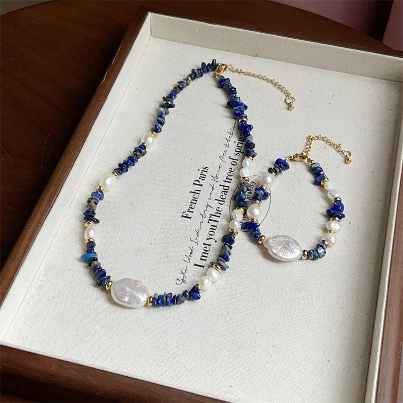 New Arrival Elegant Irregular lapis lazuli Stone Natural Freshwater Pearl 14K Gold Filled Female Jewelry Sets Necklace Bracelet