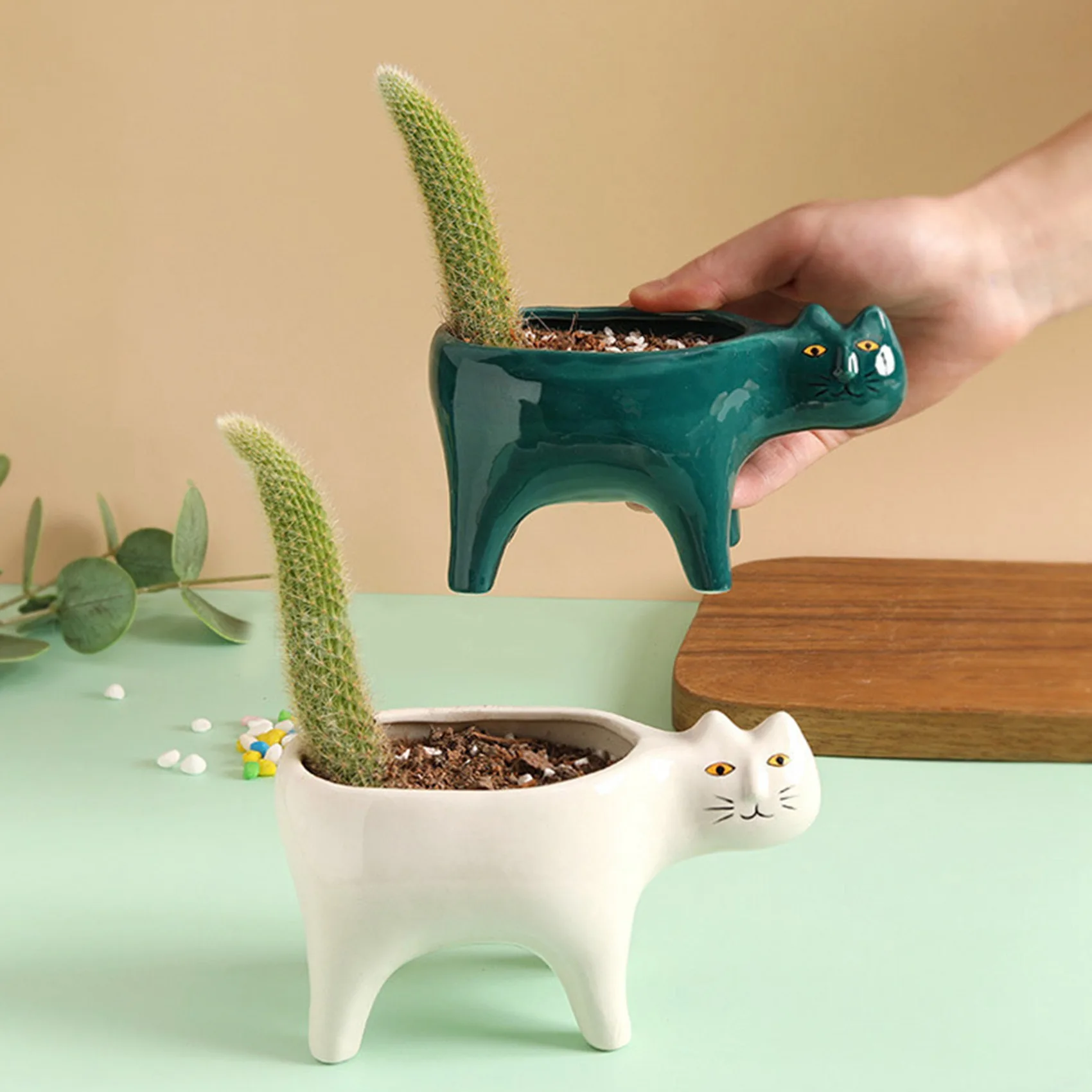 แมวน่ารักเซรามิคสวนดอกไม้หม้อภาพสัตว์กระบองเพชร Plant Planter Succulent Plant คอนเทนเนอร์ตกแต่งโต๊ะสีขาว