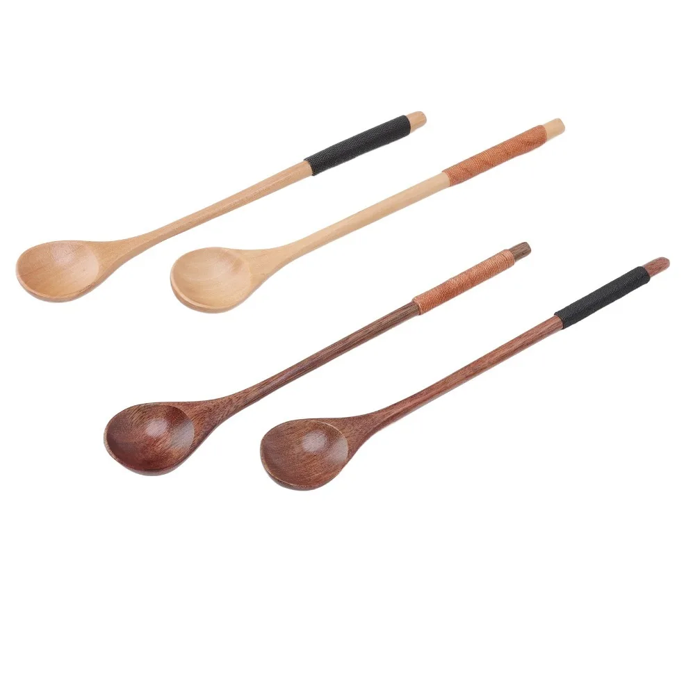 4Pcs Wood Main Body Coffee Spoon Smooth Polished Solid Tea Spoon Anti Slip Hand Grip Thread Wrapped Handle Utensil