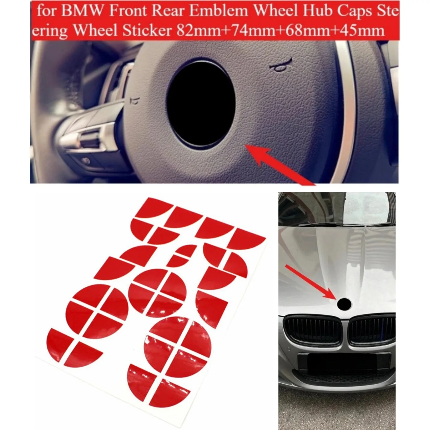 7 pièces, nouveaux emblèmes noirs pour BMW, capuchons de moyeu de roue avant et arrière, autocollants pour volant, 82mm+74mm+68mm+45mm, outils, accessoires pour voitures