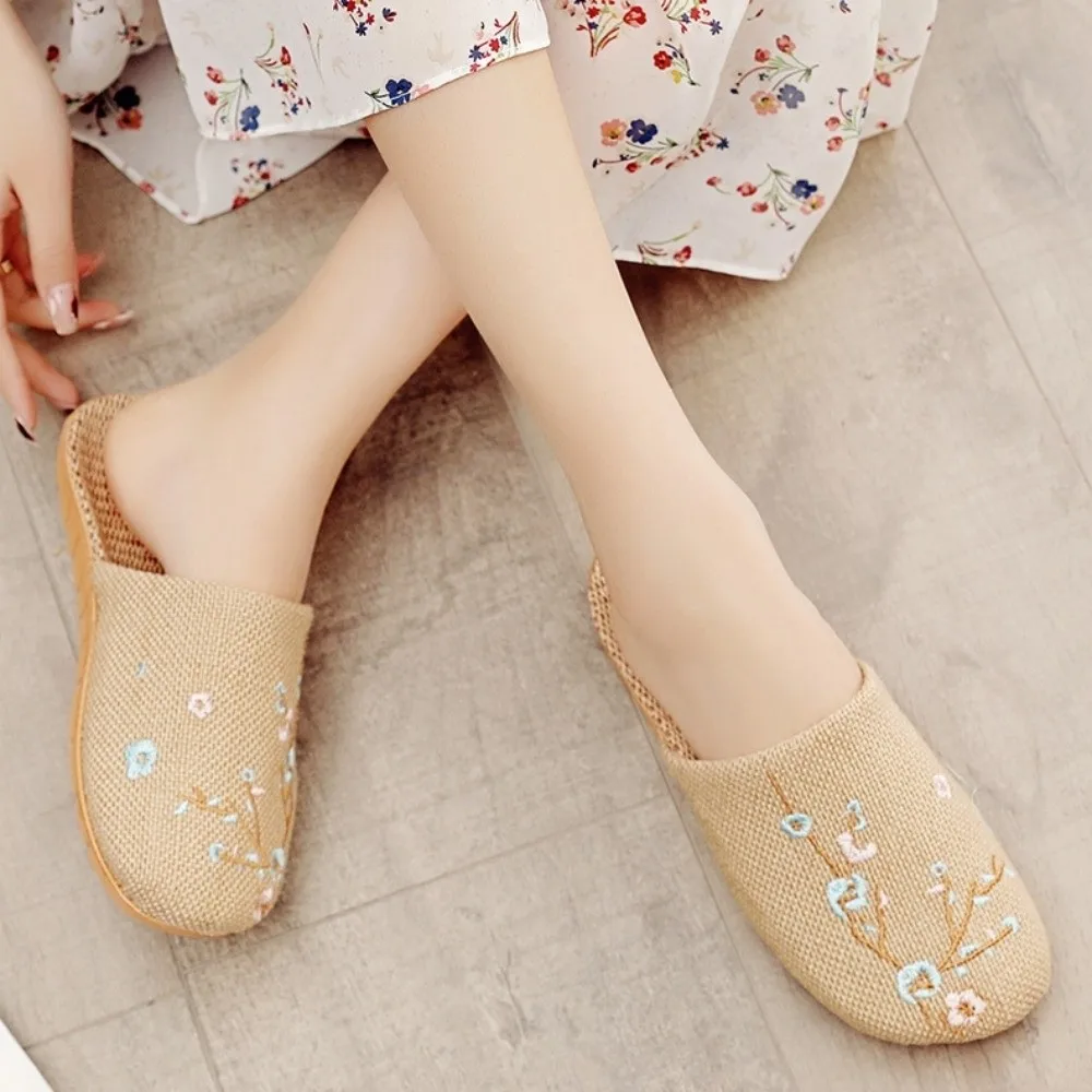

Embroidery Flower Bamboo Indoor Slippers Linen Non-Slip Plum Blossom Slippers Flax Sweat Absorption Women Men Slippers Guest