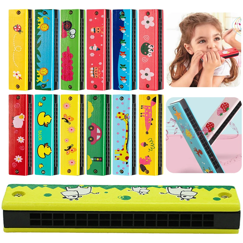 16Holes Wooden Harmonica Yellow Cherry Pattern Musical Instrument Children Montessori Educational Toys Kids Instruments TMZ