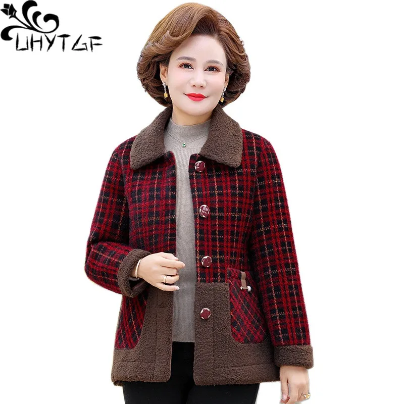 

UHYTGF Middle-Aged Mom Winter Woolen Coat Women Quality Granular Fleece Plaid Casual Warm Jacket Female Plush Short Tops 6XL 207