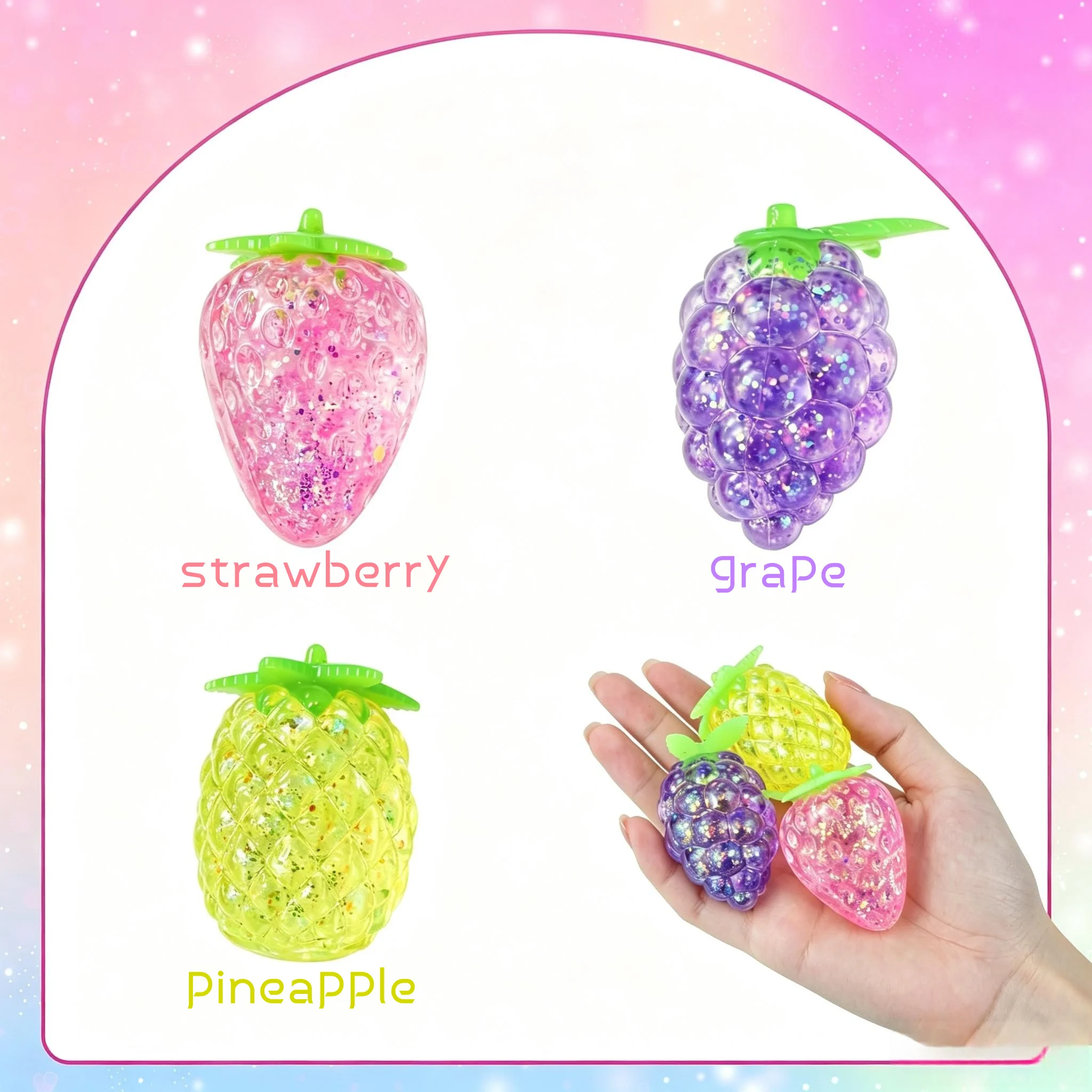 Maltose Fruit Squishy Toy Strawberry Grape Pineapple Stress Relief Squeeze Toy Glitter Sensory Fidget Toy 3 Styles Optional