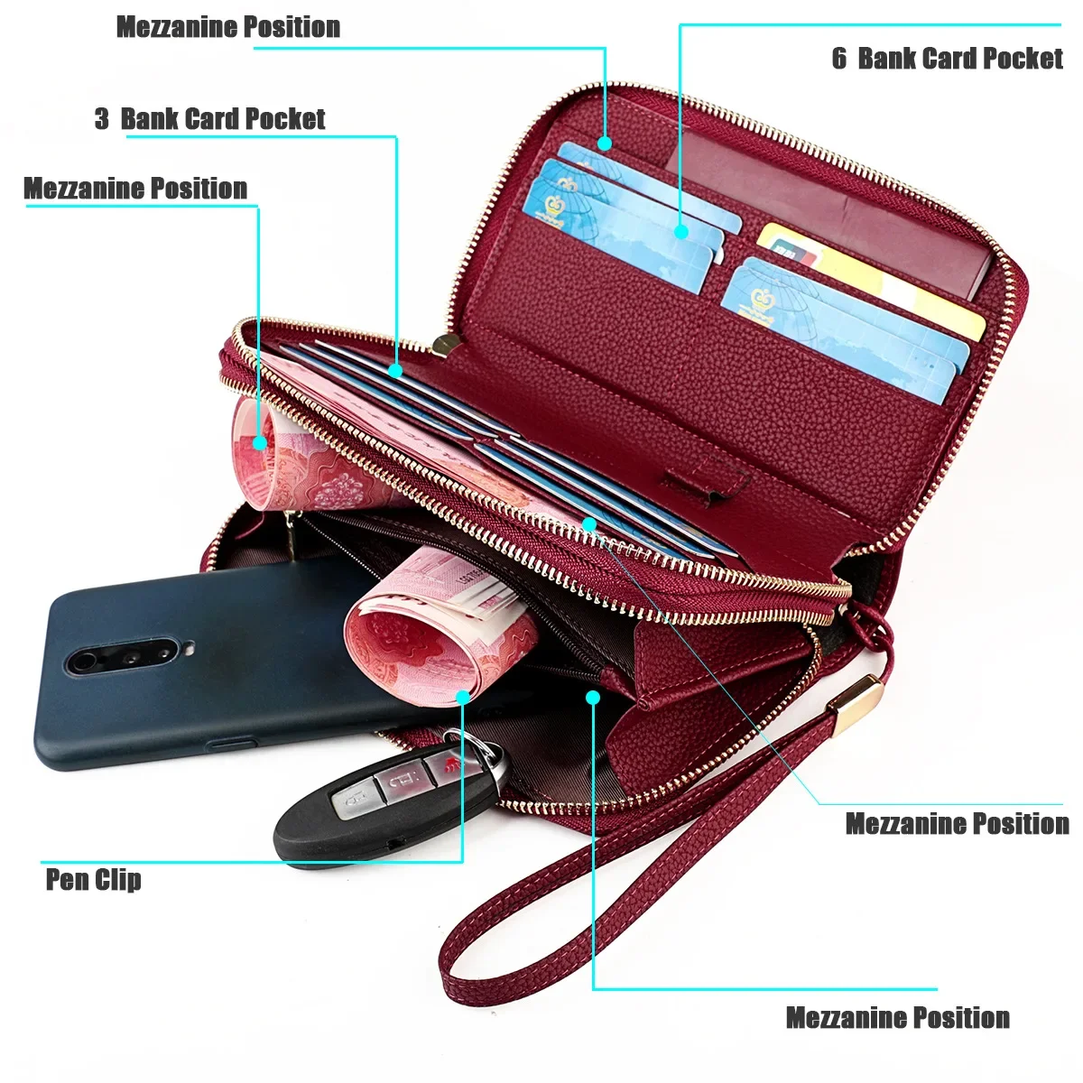 Womens Large Capacity Genuine Leather RFID Blocking Wallets Wristlet Clutch Card Holder Phone Pocket Double Zipper Long Wallet