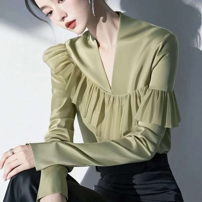 

2025 Spring Autumn New Temperament Ruffles Blouse Ladies Simplicity Elegant Patchwork Solid Color V-neck Long Sleeve Shirts Tops