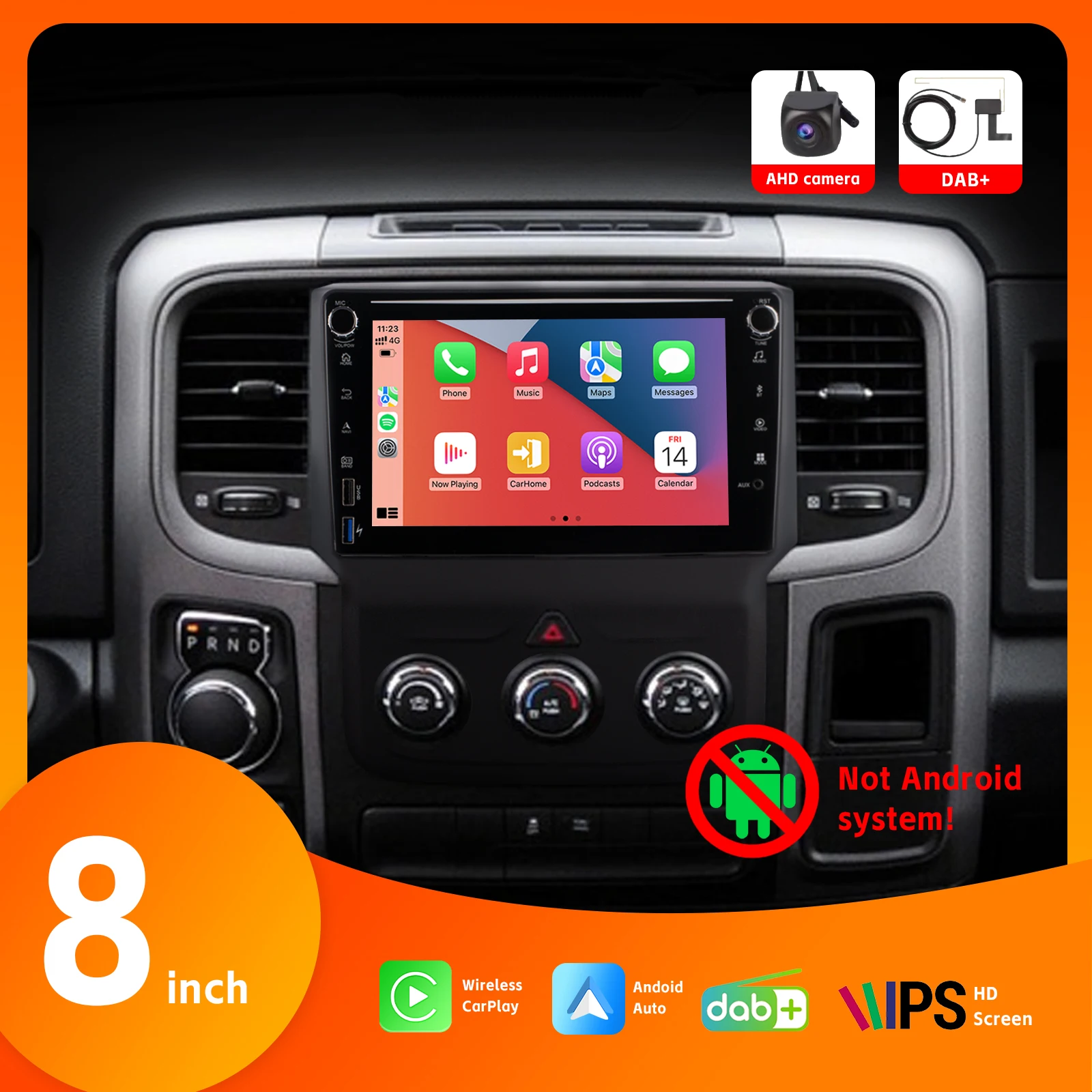 

Car Radio with Wireless Carplay AHD Rear View Camera Android Auto 8" IPS Touch Screen DAB+ BT SWC DSP for Dodge RAM 2012-2017