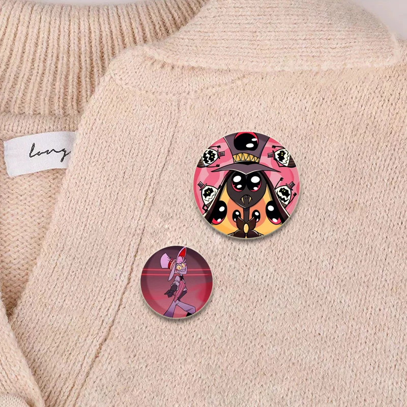 Hazbin Hote Tinplate Pin Charlie Morningstar Angel Dust Alastor Cartoon Brooches for Backpack Accessories Anime Collection Badge