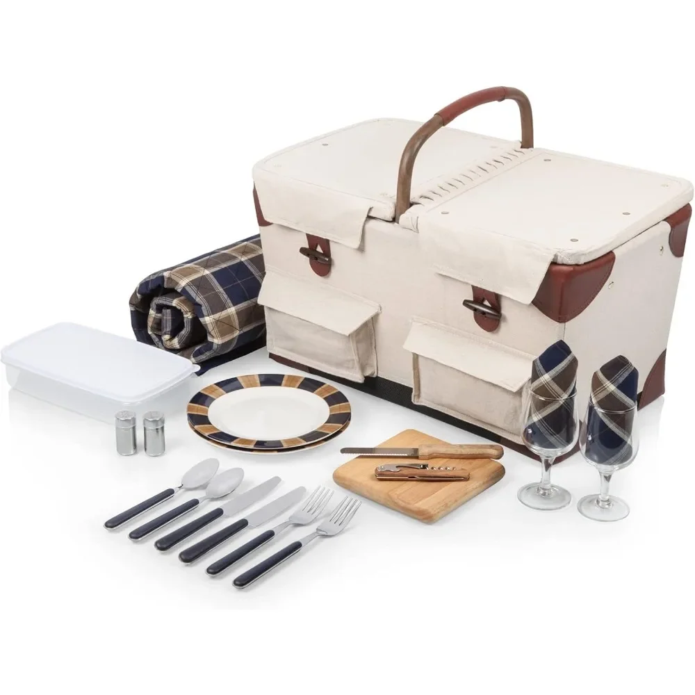 

Deluxe Picnic Basket Set for 2 - Original Design Beige Canvas with Navy Blue & Brown Accents