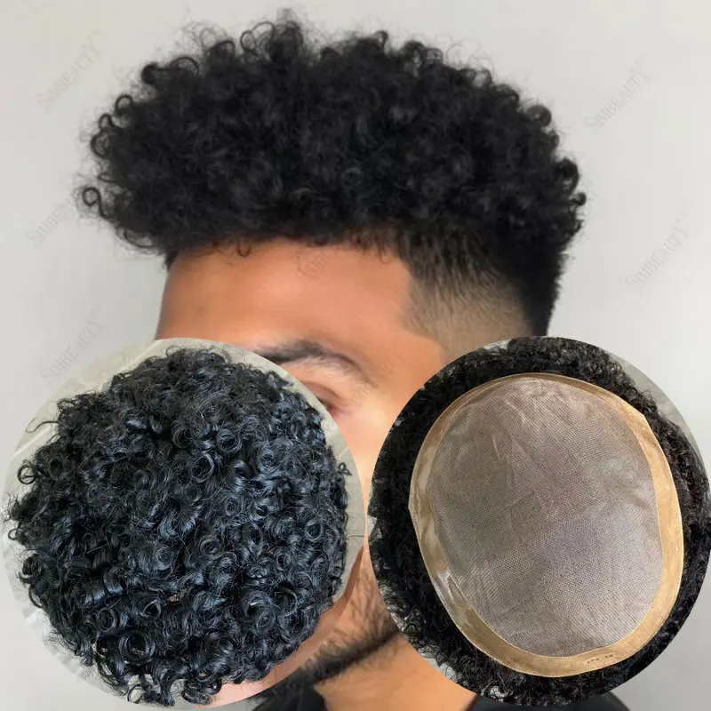 

Men's 15mm Natural Curly 100% Human Hairpiece Durable Mono Lace Toupee Male Hair Replacement System Prosthetic 12mm 20mm curly