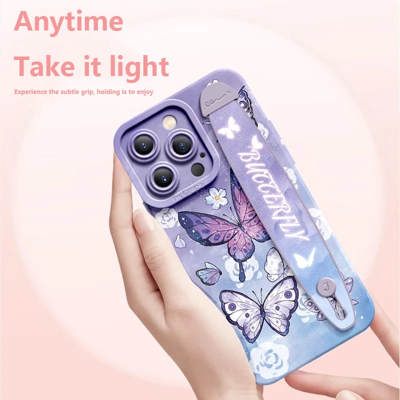Deluxe Wrist Band Bracket Case For iphone 15 14 13 12 11 Pro Max XR X Silicone Cell Phone Protective Cover Colorful Butterflies