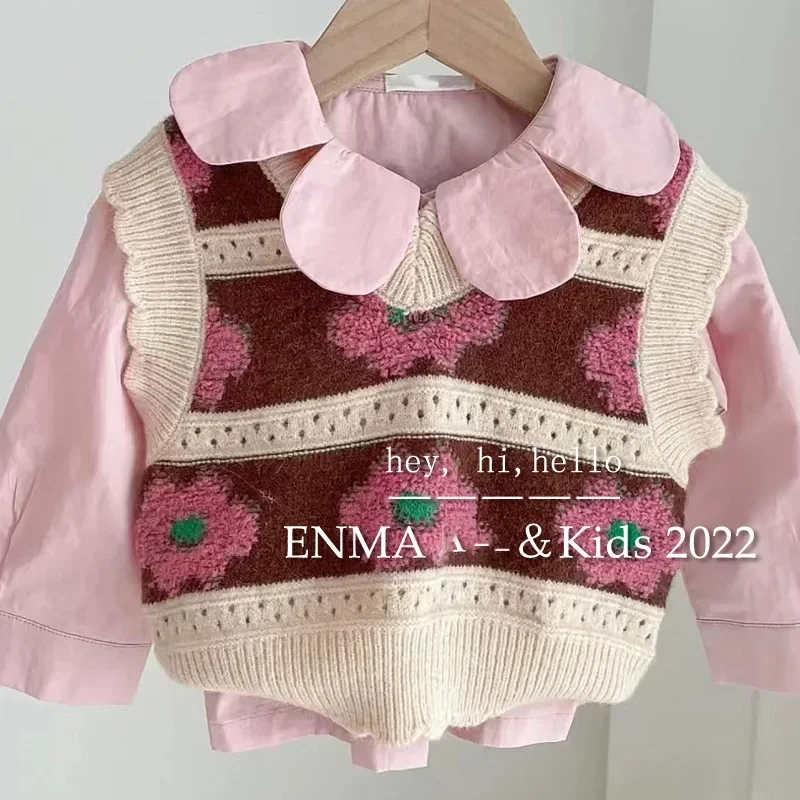 Abiti per ragazze Bambini 2024 Nuova collezione autunnale Camicette rosa e gilet a fiori Top Set in due pezzi Abiti stile semplice coreano