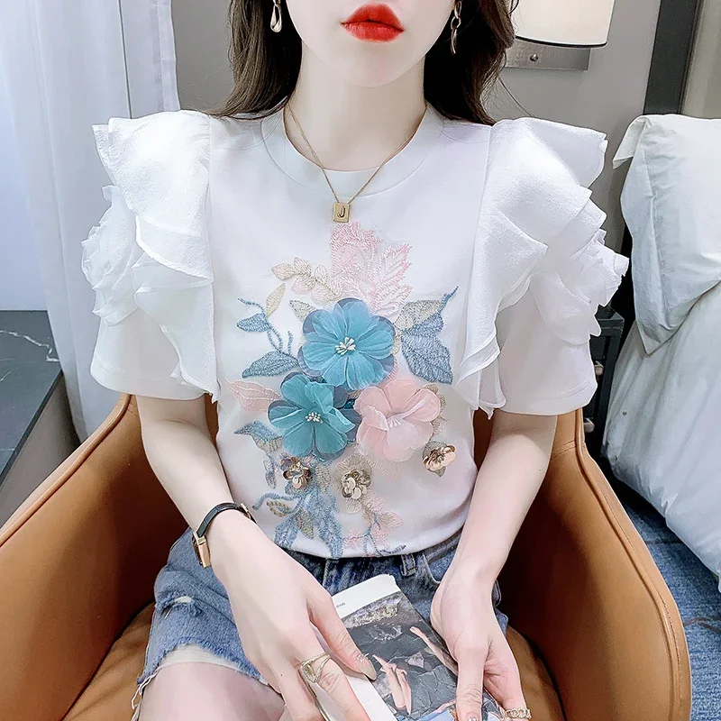 Ruffled White T-shirt Women\'s Short-Sleeved Floral Tshirt 2024 Summer New High-End Heavy Embroidery Flower Chic Top Tees ZL774