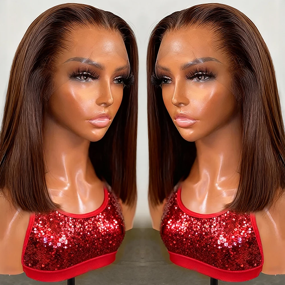 13x4 Kurze Bob-Perücke Schokoladenbraun Echthaar Lace Frontal HD Knochenglatte Bob-Perücke Echthaar Klebstofffreie Lace Front Perücken ﻿ 250%