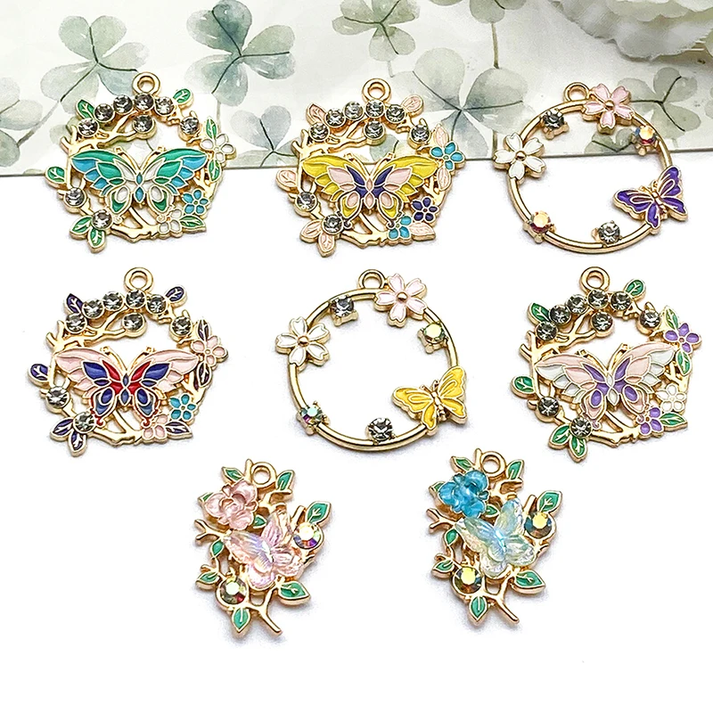 8pcs Crystal Butterfly Charm For Jewelry Making Enamel Necklace Earring Pendant Diy Accessories Alloy Metal Gold Plated