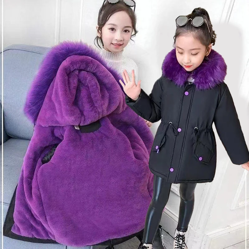 New Big Size Teen-agers Winter Girls Jacket Fur Collar Lining With Velvet Hooded Thick Coat For Kids Children Birthday Present