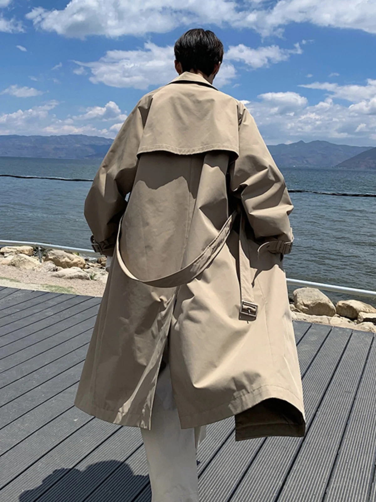 

Корейское мужское пальто средней длины в корейском стиле, повседневное, свободного кроя, с утяжкой на талии, стройнящее, весенне-осеннее, модная верхняя одежда