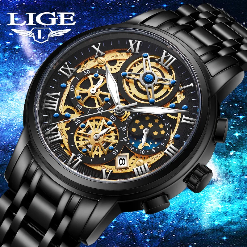 Lige moda masculina relógio de negócios data relógios masculino aço inoxidável à prova dwaterproof água luminosa quartzo relógio de pulso cronógrafo masculino