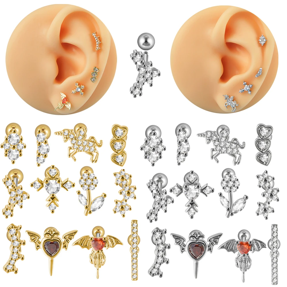 1Pc Steel Zircon Flower Heart Cross Unicorn Ear Helix Piercing Cartilage Ear Lobe Tragus Stud Earring Body Piercing Jewelry