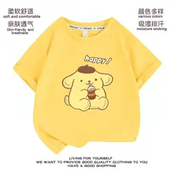 2024 Sanrio Cute Pompompurin Girls T-Shirt Kawaii Anime Print Babys Short Sleeve Summer Sweet Cute Cartoon Babys Tops Kid Gift