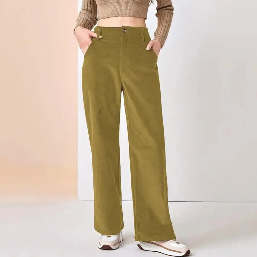 

Women Corduroy Long Pants High Waist Button Zipper Fly Solid Color Straight Wide Leg Trousers with Pockets Daily Wear