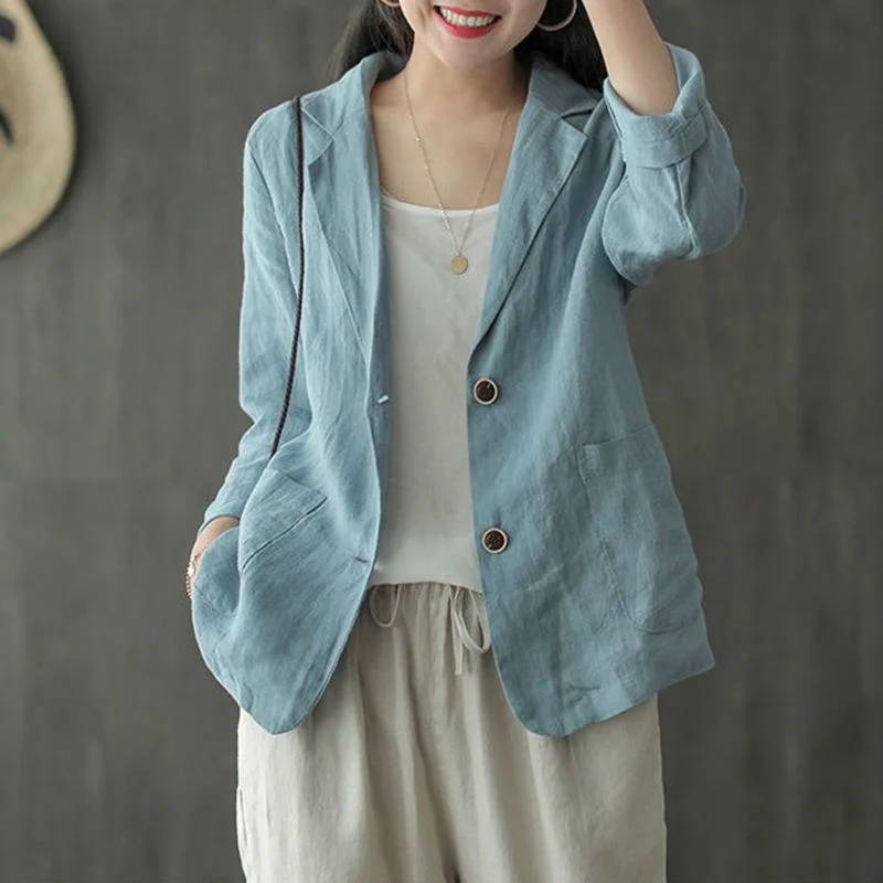 

New Fashion Women's Cotton Linen Solid Color Versatile Pocket Button Suit Long-sleeved Jacket
