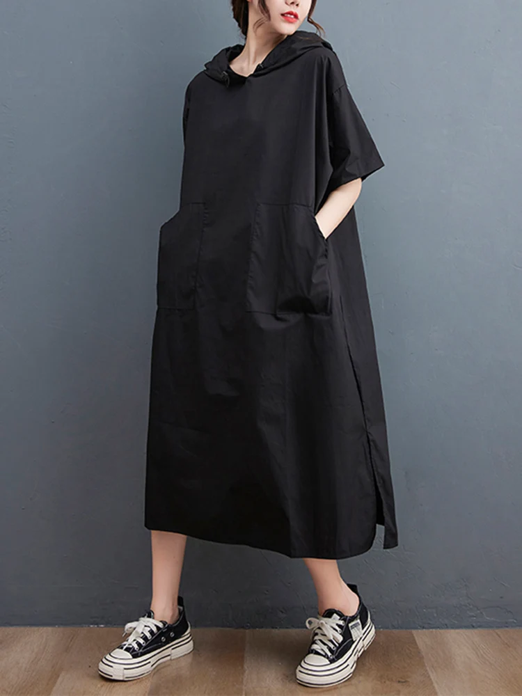 Black Vintage Oversized Dresses For Women New Hoode Short Sleeve Loose Casual Long Summer Dress Fashion Elegant Clothing 2024