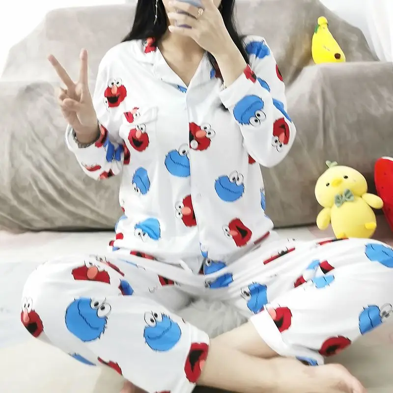 Sesame Street Elmo Cookie Monster Animation Peripheral Cute Cartoon Print Home Clothes Student Dormitory Long Sleeve Pajamas Set