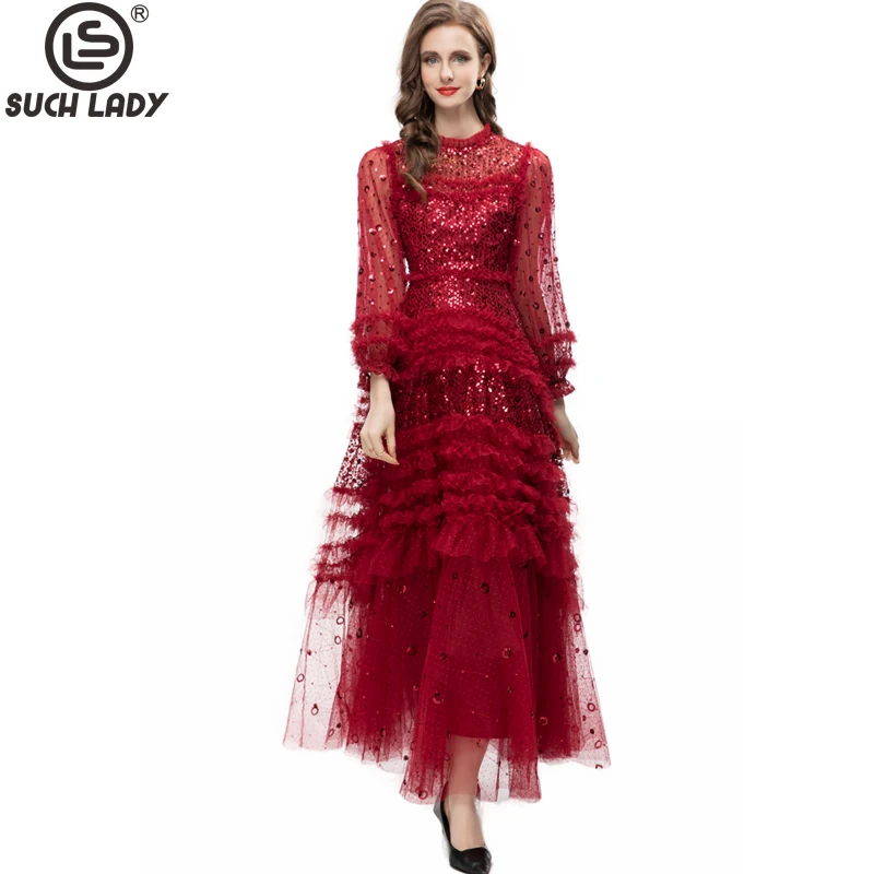 

Women's Runway Dresses O Neck Long Sleeves Tiered Ruffles Sequined Elegant Designer Party Prom Evening Vestidos Gown